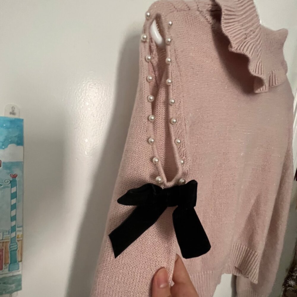 Ank Rouge Pink Heart Cable Knit Cold Shoulder Ruffle Turtleneck Sweater - Picture 5 of 5